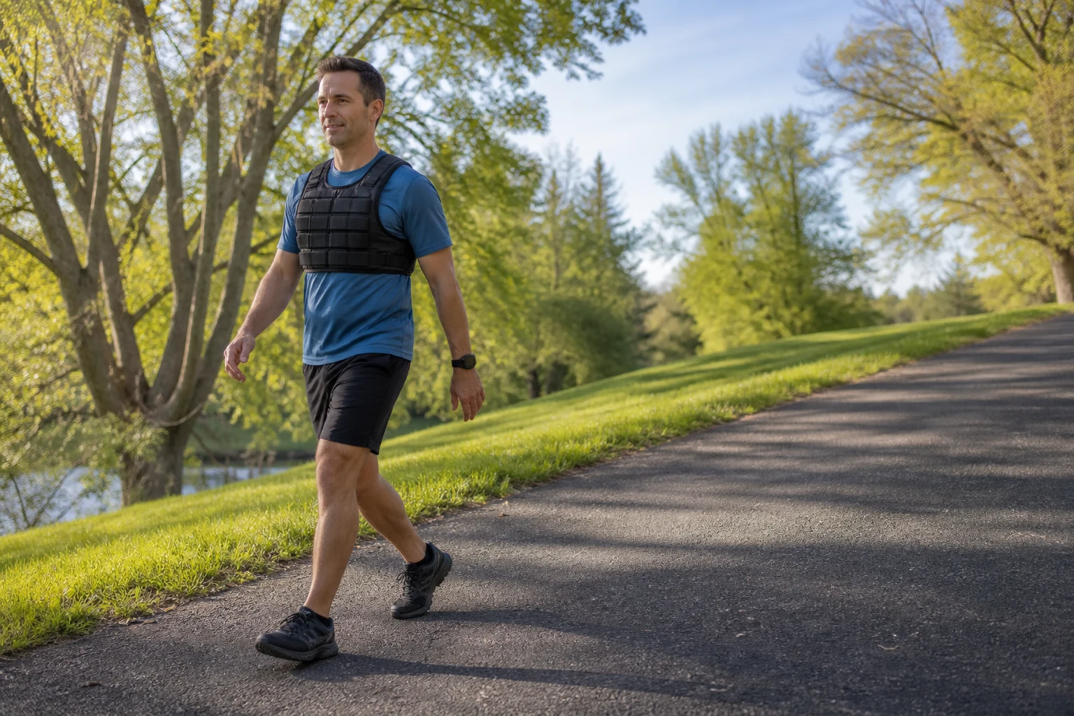 Athlete walks uphill in a light weighted vest on a paved park path.