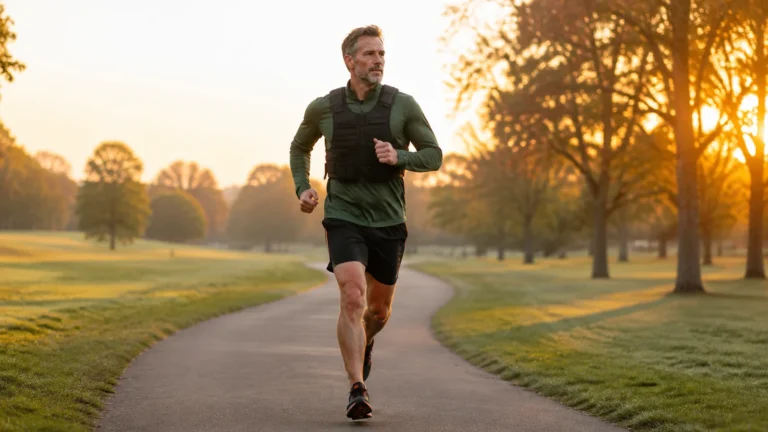 Runner wearing a close-fitting weighted vest on a park path.
