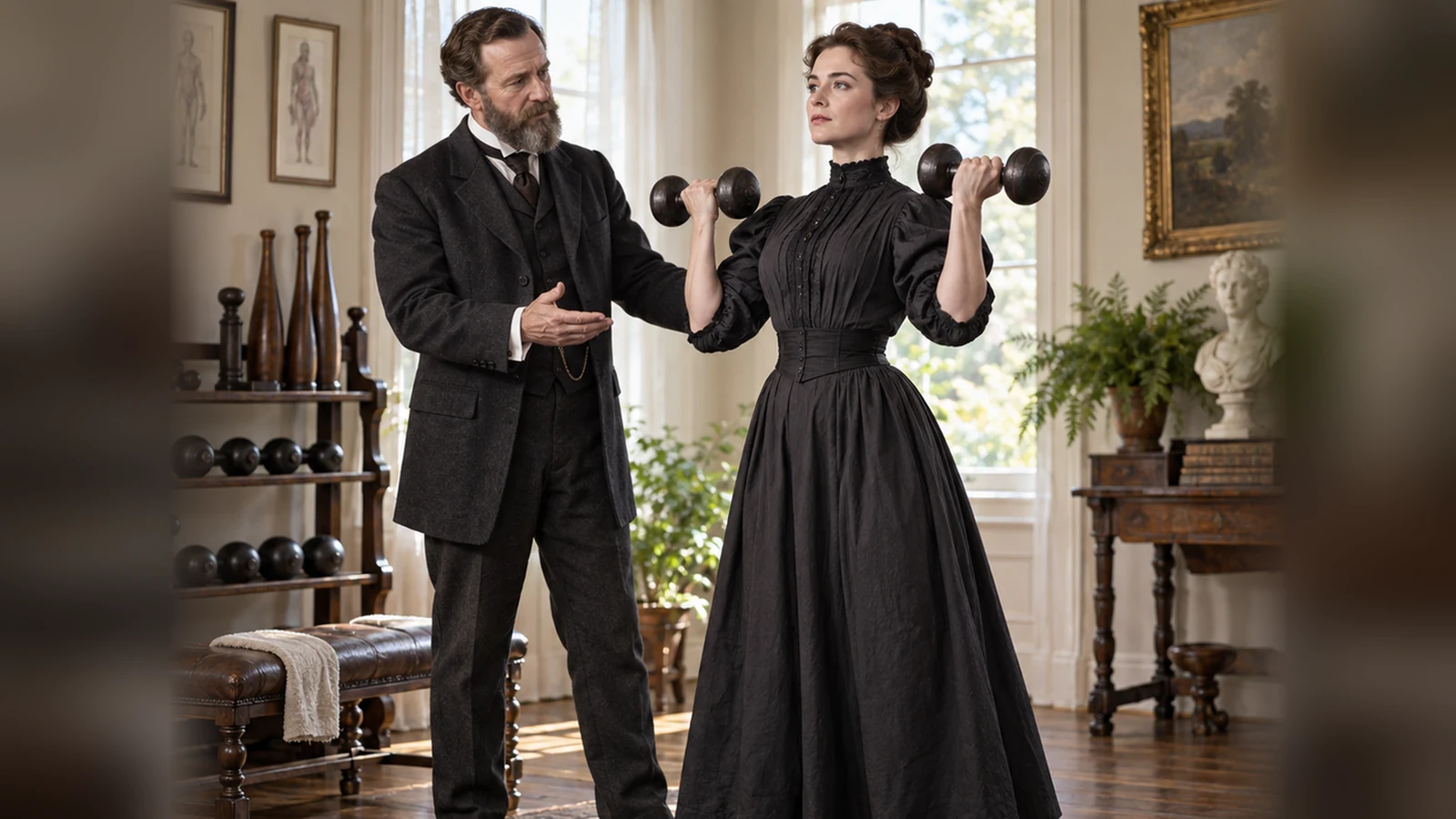 AI editorial illustration of a nineteenth-century strength-training scene; not an archival photograph of William Blaikie