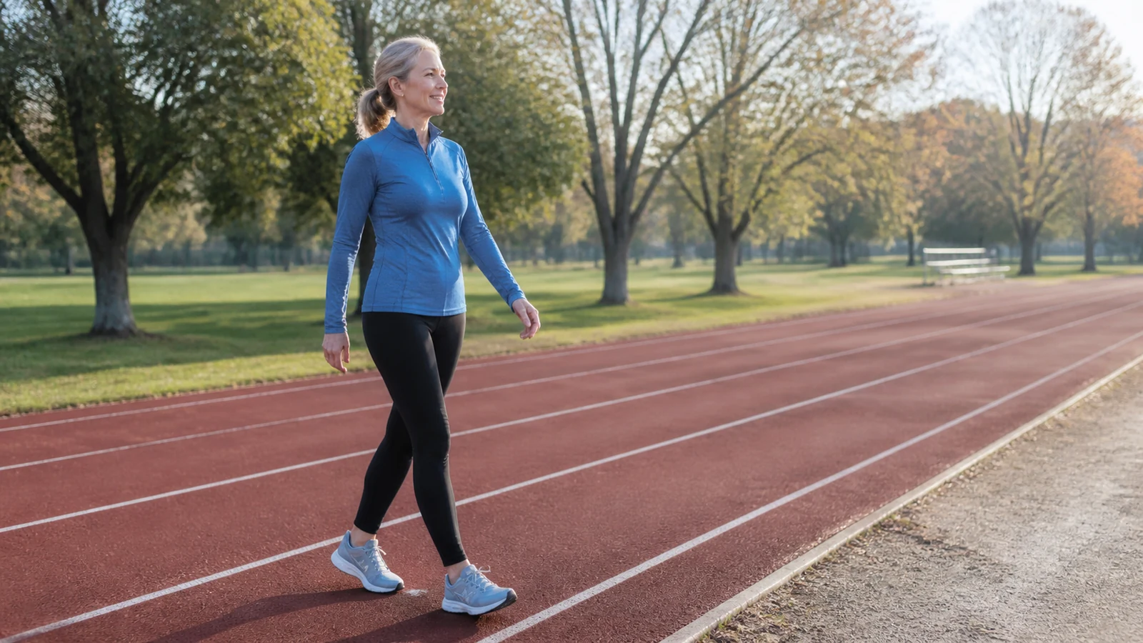 Gray-haired woman in a blue running top walks along an outdoor track in morning light.