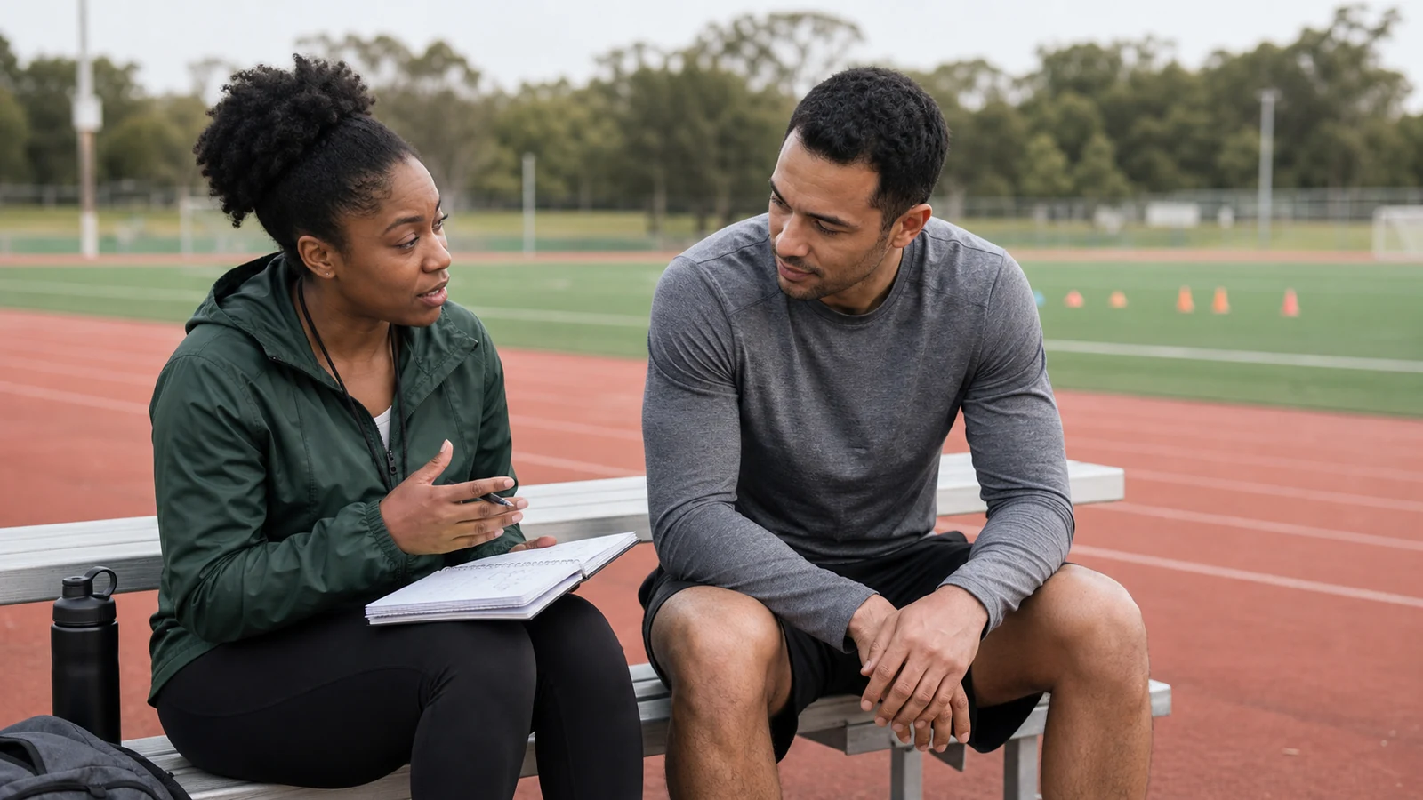 Coach and adult athlete sit beside a track discussing a training notebook.