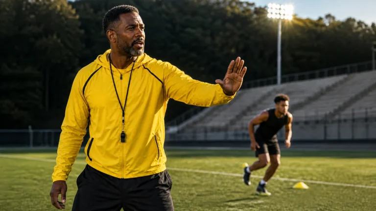 Coach in a yellow jacket signals to an athlete training on a field.