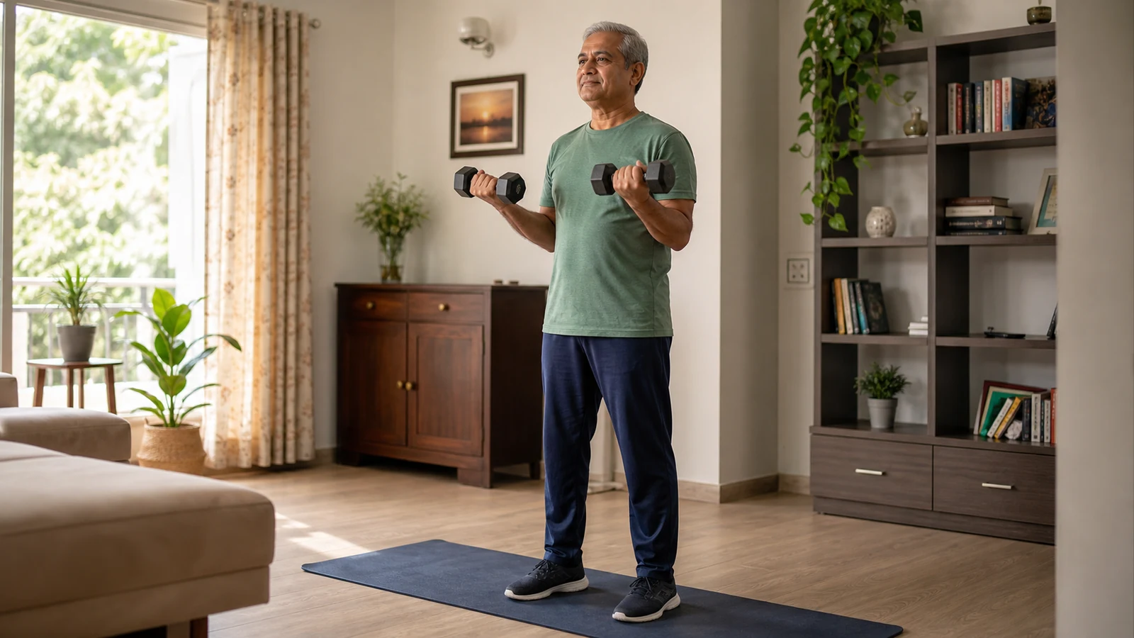 Older man in a green shirt performs a controlled dumbbell curl on an exercise mat at home.