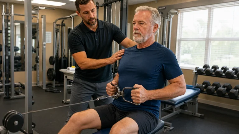Older man performs a seated cable row with a trainer standing beside him.