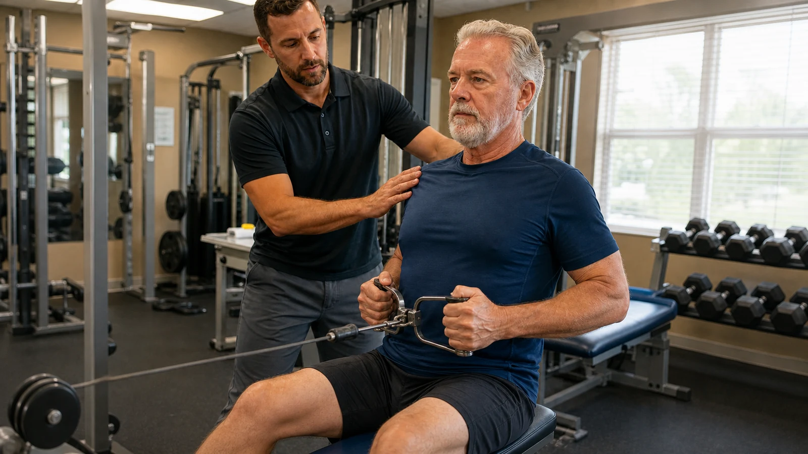 Older man performs a seated cable row with a trainer standing beside him.