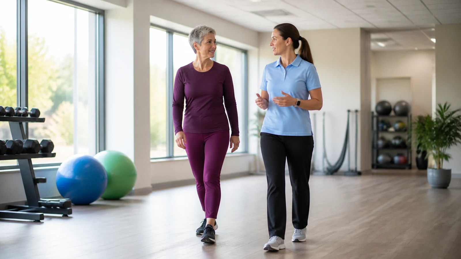 Older woman and an exercise professional walk together at an easy pace through a bright exercise studio.