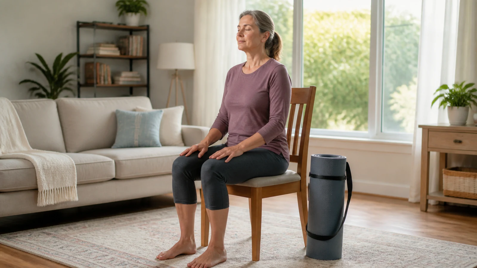 Woman seated comfortably on a chair beside a yoga mat for a quiet breathing break.
