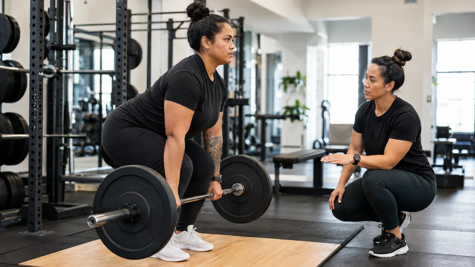 A strength coach cues a woman practicing a controlled conventional deadlift in a modern gym.