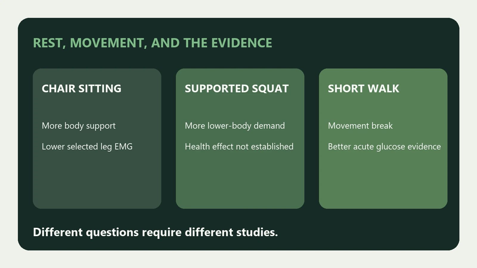 Comparison of chair sitting, a supported squat, and a short walk, with the short walk having the clearest evidence for acute sitting-break benefits