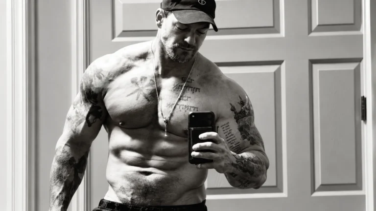 AI-enhanced editorial adaptation of Alan Ritchson’s shirtless mirror selfie.