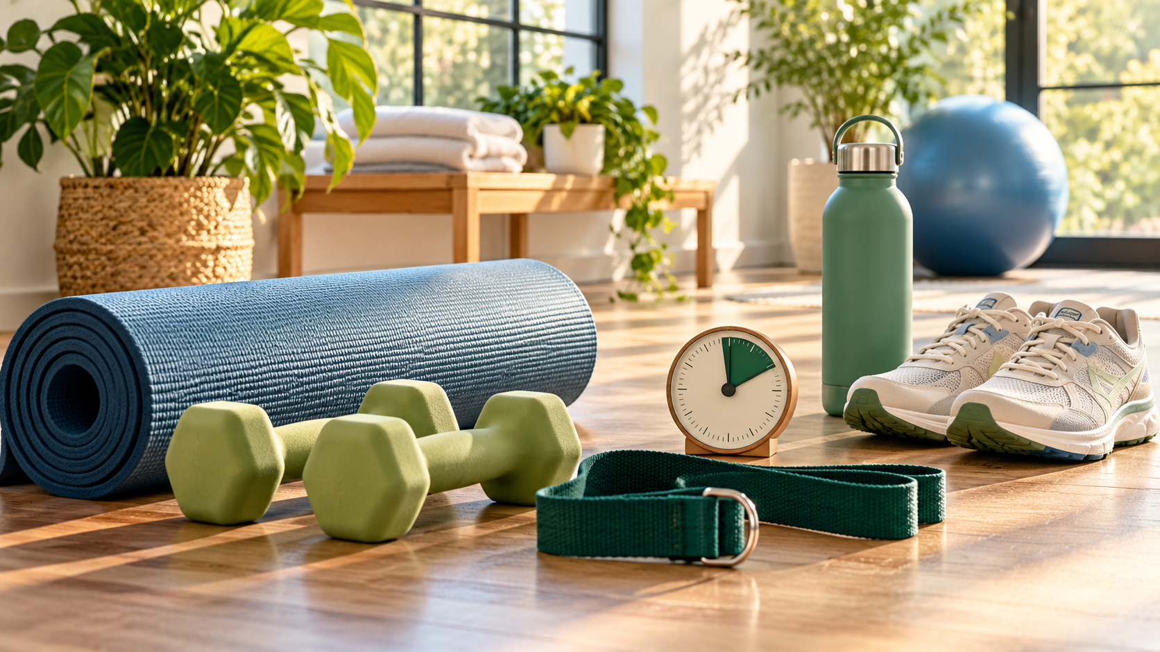 Illustrative fitness still life with light dumbbells, yoga mat, stretch strap, timer and walking shoes.