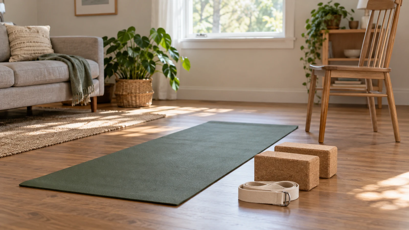Yoga mat, two cork blocks, a strap, and a chair arranged for an adjustable home practice