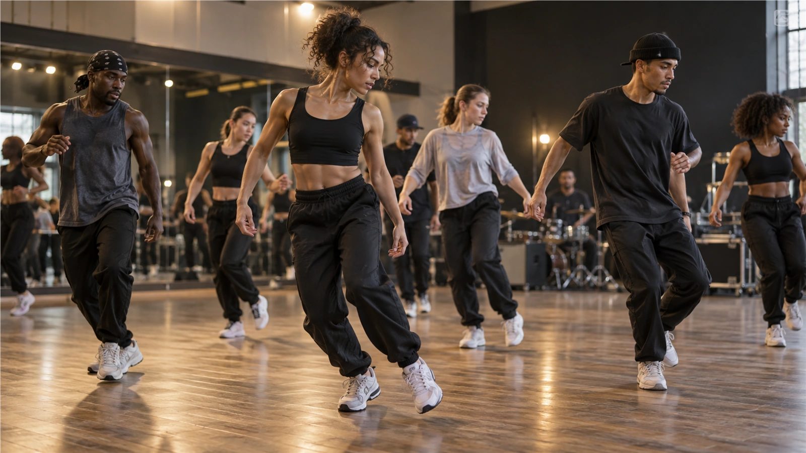 Generic dance ensemble rehearsing under stage lights, illustrating performance preparation; not Beyoncé's actual rehearsal.