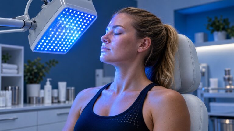 Editorial reconstruction of a woman receiving blue LED light in a dermatology treatment room; not a study patient.