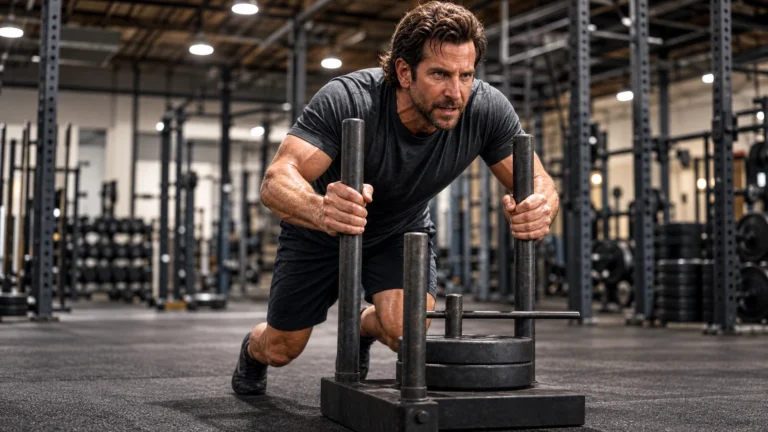 Illustrative source creative of Bradley Cooper pushing a weighted sled
