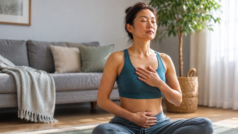 Woman seated comfortably at home with eyes closed, practicing gentle slow breathing