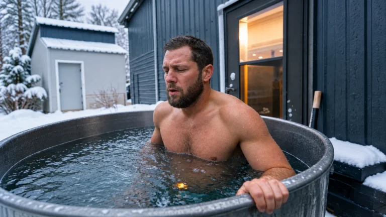 Adult man in an outdoor cold plunge tub beside a snowy building, with no social text