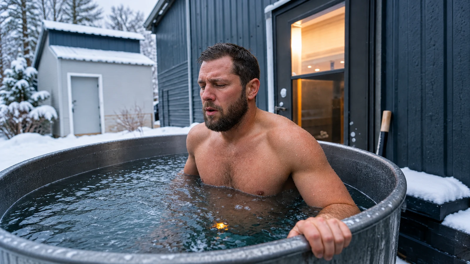 Adult man in an outdoor cold plunge tub beside a snowy building, with no social text