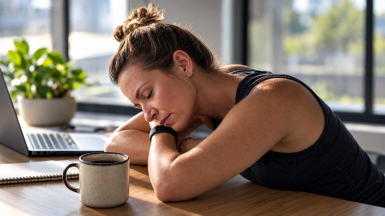 Woman taking a short rest at a desk beside a coffee mug, from the scheduled Facebook creative without overlay