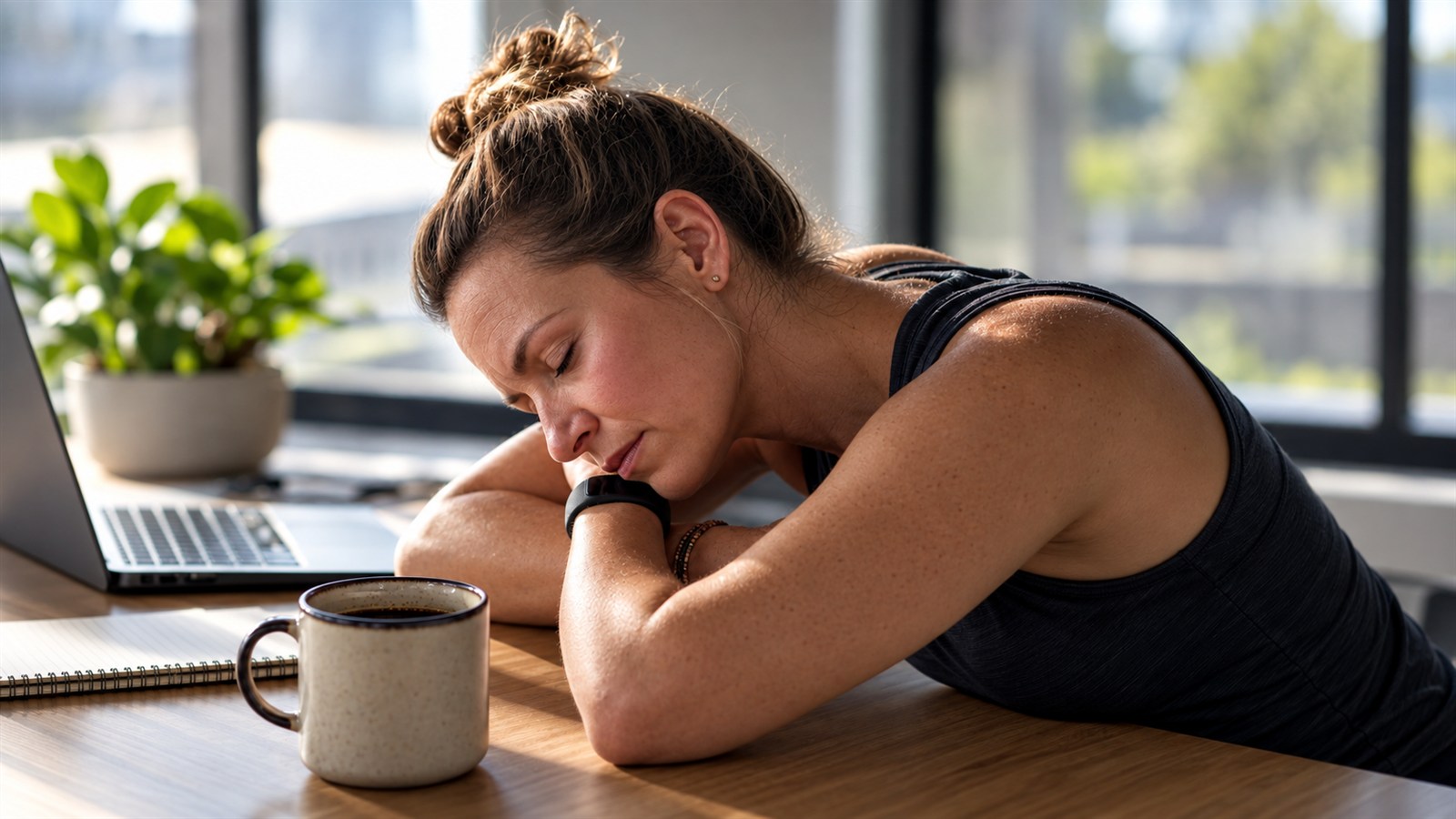 Woman taking a short rest at a desk beside a coffee mug, from the scheduled Facebook creative without overlay