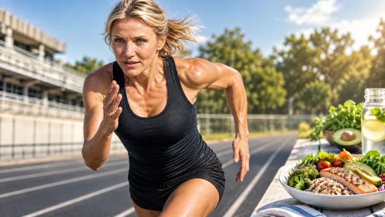 Illustrated athletic blonde woman running on a track beside a balanced meal, inspired by the post's 3D creative and not a photograph of Cameron Diaz