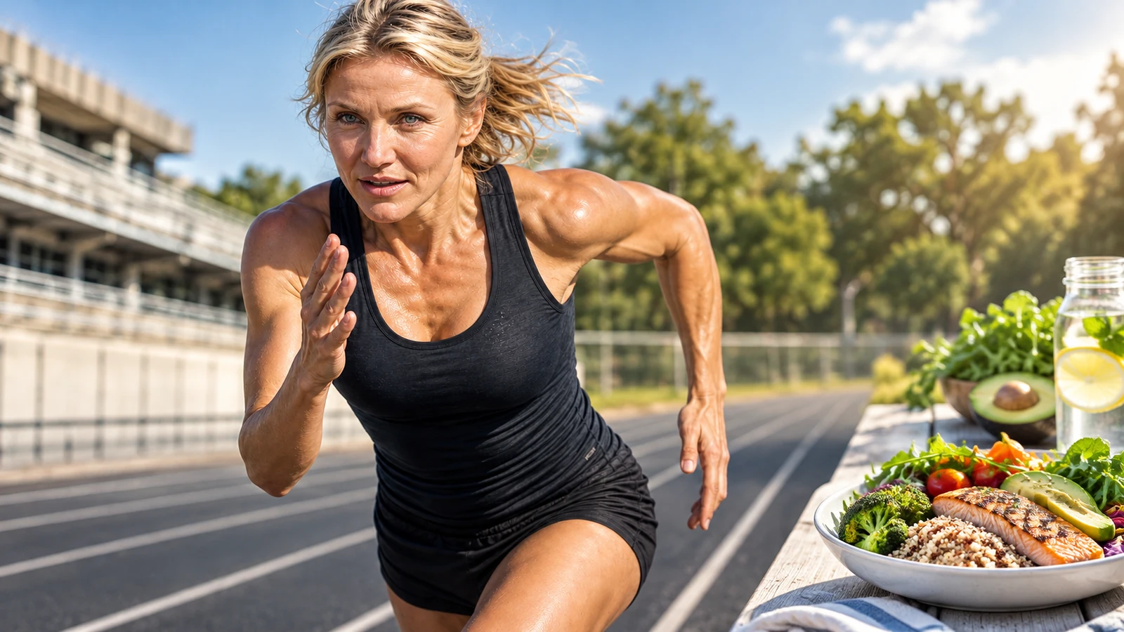 Illustrated athletic blonde woman running on a track beside a balanced meal, inspired by the post's 3D creative and not a photograph of Cameron Diaz