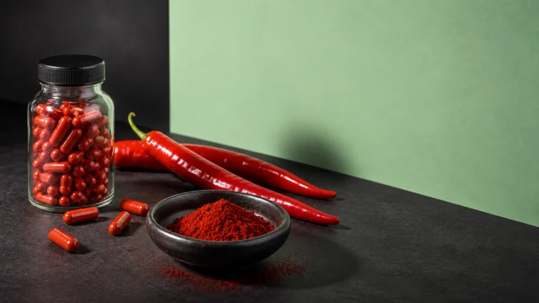 Unbranded red chili peppers, chili powder and an unlabeled capsule jar on a dark tabletop.
