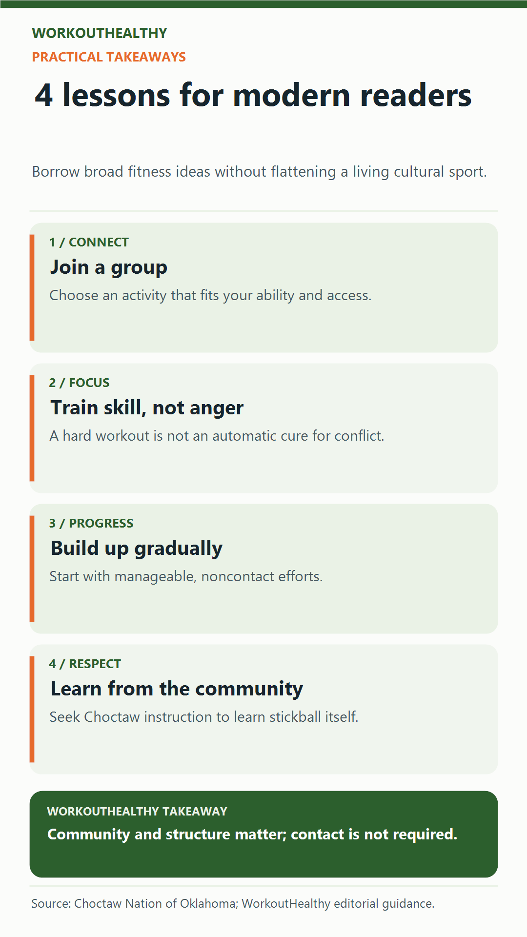 Four practical takeaways: join a group, focus on skill rather than anger, build gradually, and learn stickball itself from Choctaw community programs.