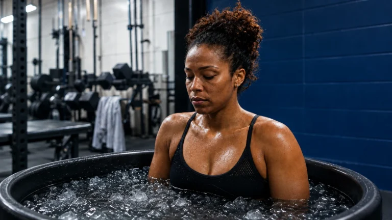 Editorial illustration inspired by the social creative: an athlete in a cold-plunge tub at a gym, considering recovery after lifting.