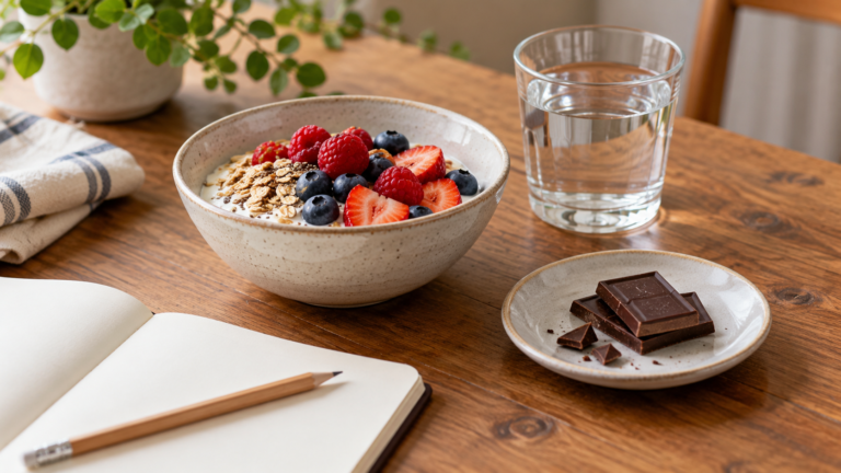 Yogurt with berries and oats, chocolate pieces, water and a blank notebook on a kitchen table.