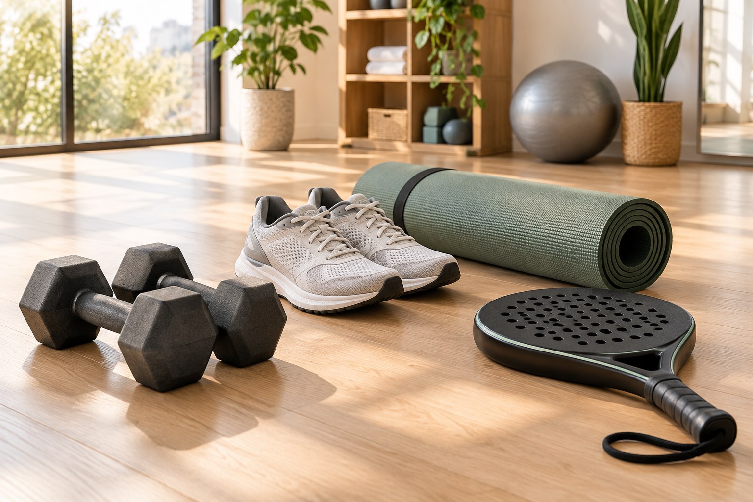 Illustration of dumbbells, running shoes, Pilates mat and padel racket in a studio