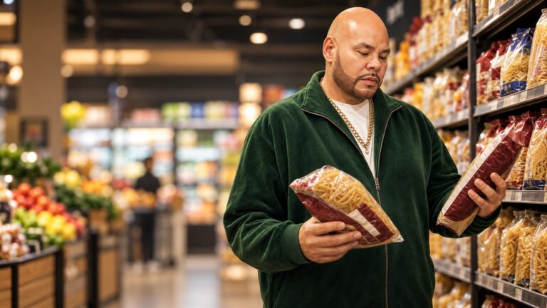 Fat Joe-inspired editorial reconstruction of a man comparing pasta in a grocery aisle; not an archival photograph.