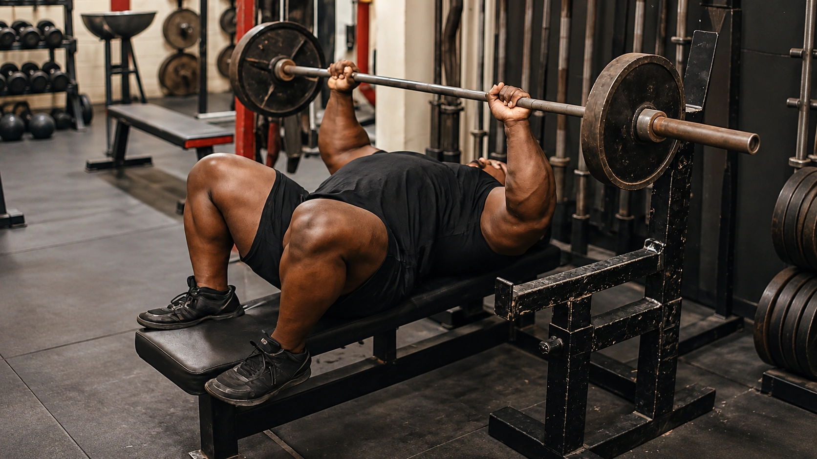 Lifter performing a feet-up barbell bench press on a flat bench in a gym