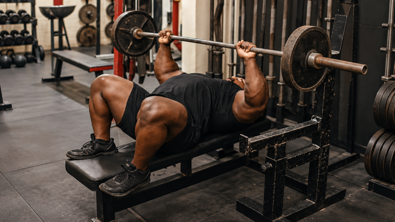 Lifter performing a feet-up barbell bench press on a flat bench in a gym