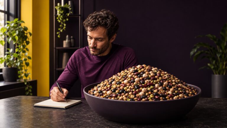 Man planning a meal beside a bowl of mixed beans, illustrating fiber-rich food choices for heart health.