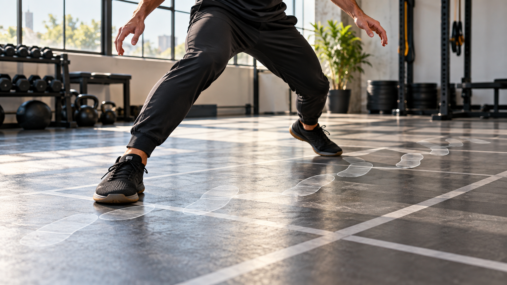 Illustration of an athlete practicing controlled footwork in a gym