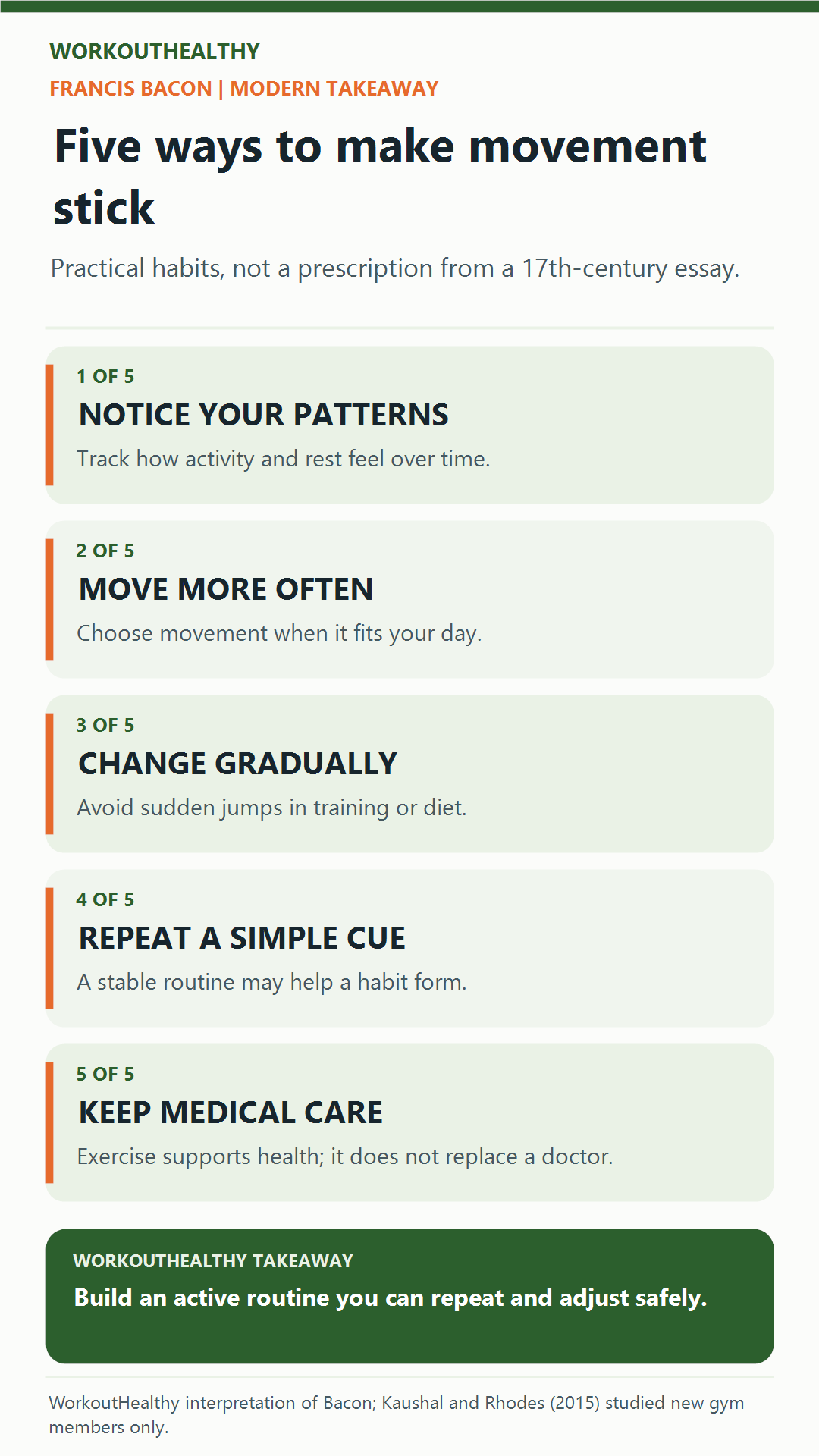 Five modern movement takeaways: notice patterns, move more often, change gradually, repeat a simple cue, and keep medical care.
