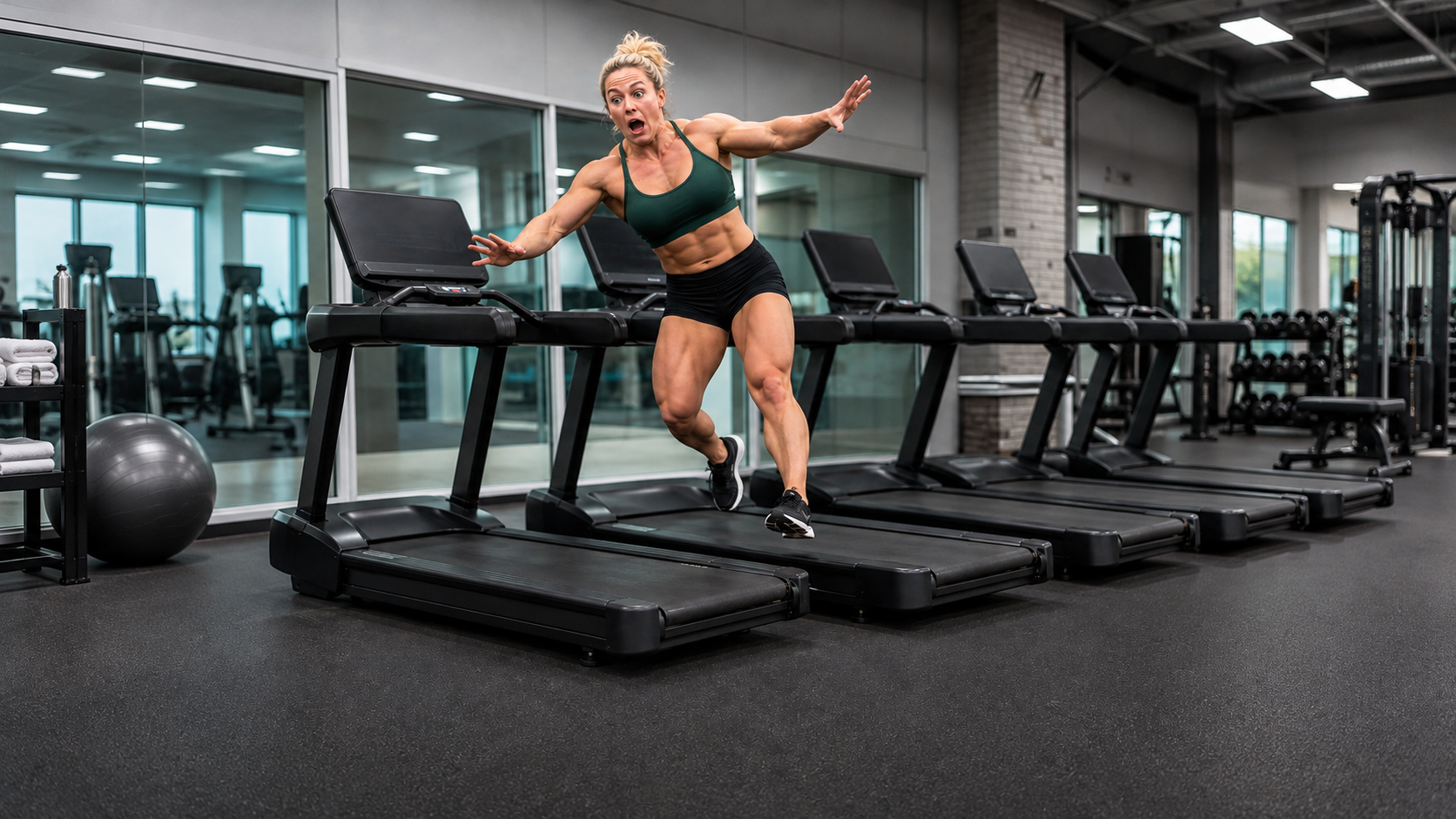 Illustrated gym treadmill near-miss with an adult woman off balance, no injury depicted
