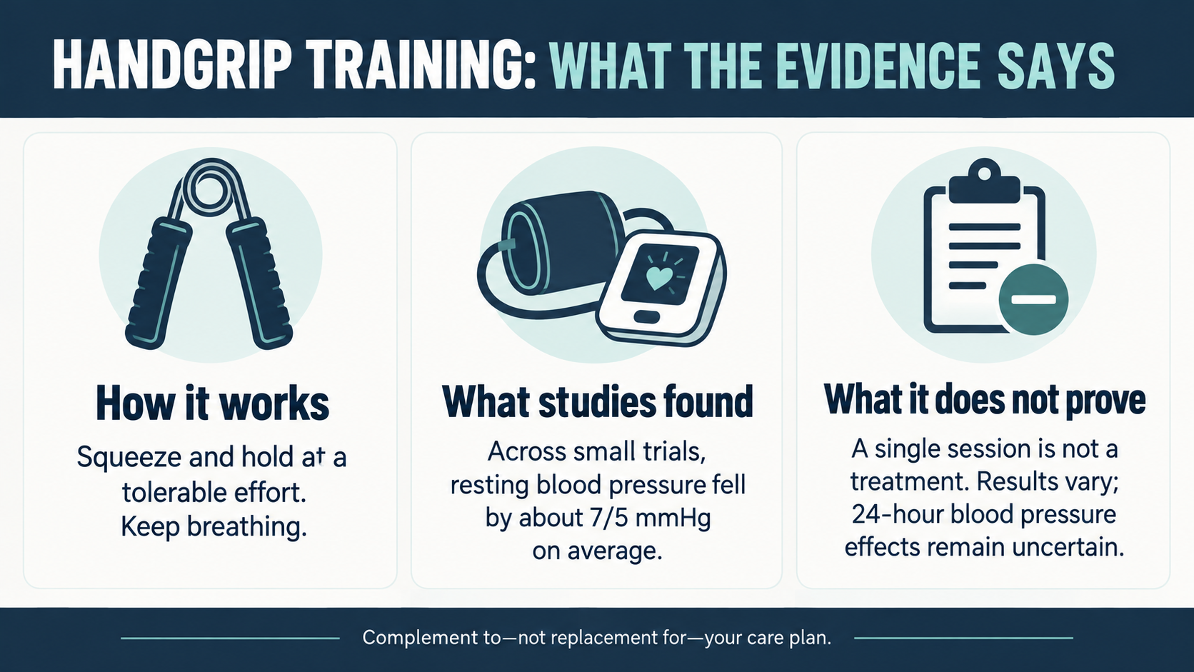 Handgrip training evidence infographic: technique, average changes in small trials, and important limitations