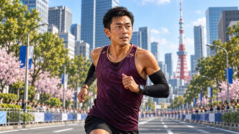 3D illustration of a runner on a Tokyo street with Tokyo Tower in the background; this does not document Harry Sugiyama's race