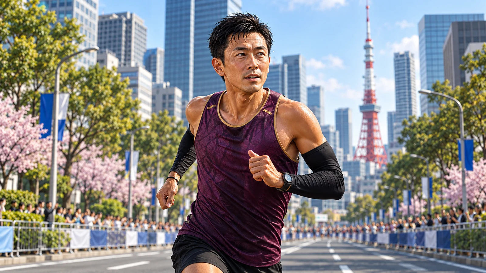 3D illustration of a runner on a Tokyo street with Tokyo Tower in the background; this does not document Harry Sugiyama's race