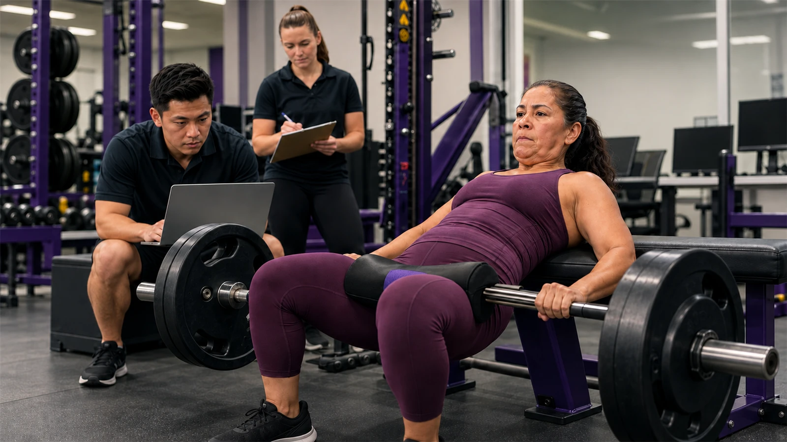 Athlete performs a barbell hip thrust while two researchers observe in a gym lab