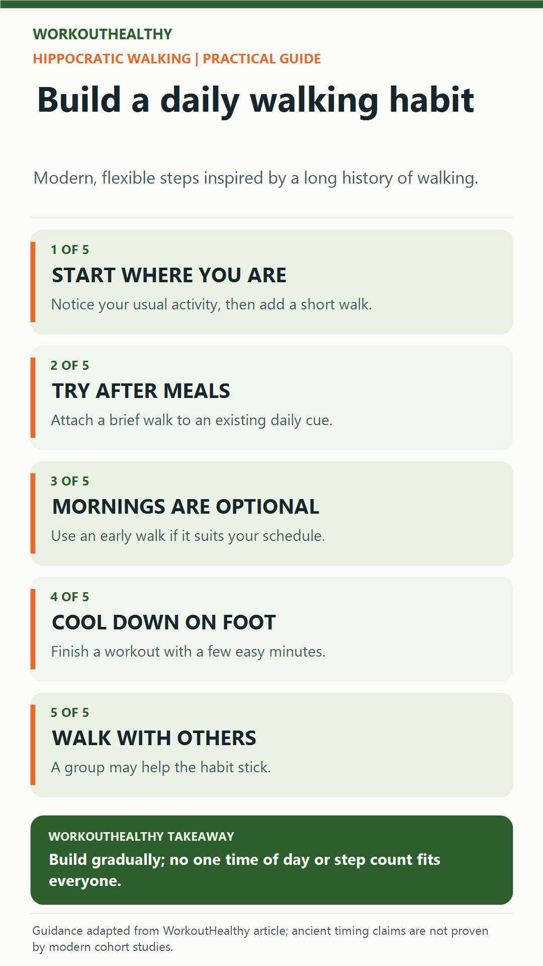Five practical ways to build a daily walking habit gradually, with no fixed time-of-day or step-count rule.