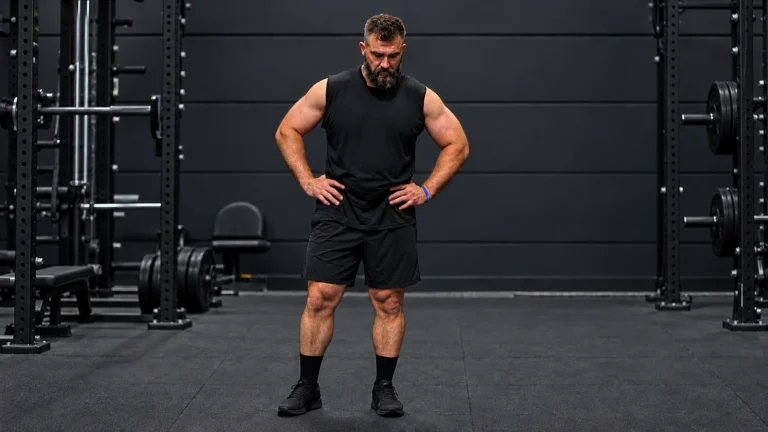 Edited source Facebook creative showing Jason Kelce in black training clothes with his hands on his hips in a dark gym.