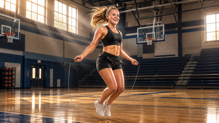 3D editorial illustration of a blonde athlete jumping rope in a gym; not the actual event