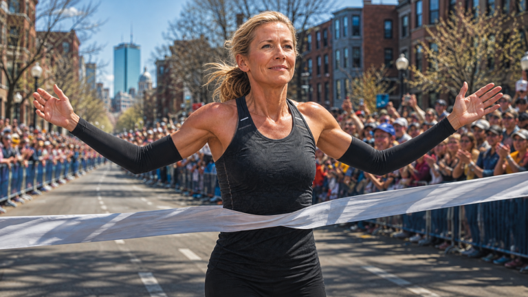 3D editorial illustration of a mature blonde runner at a race finish; not a photograph of the 2026 Boston Marathon