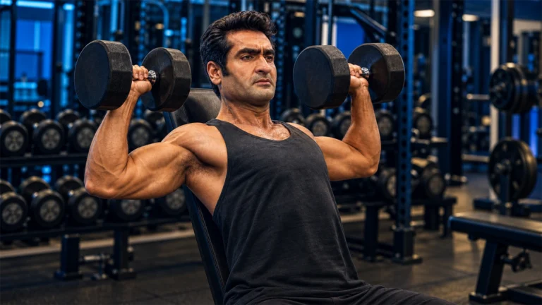 Editorial illustration of Kumail Nanjiani holding dumbbells in a gym; not a documented workout photograph