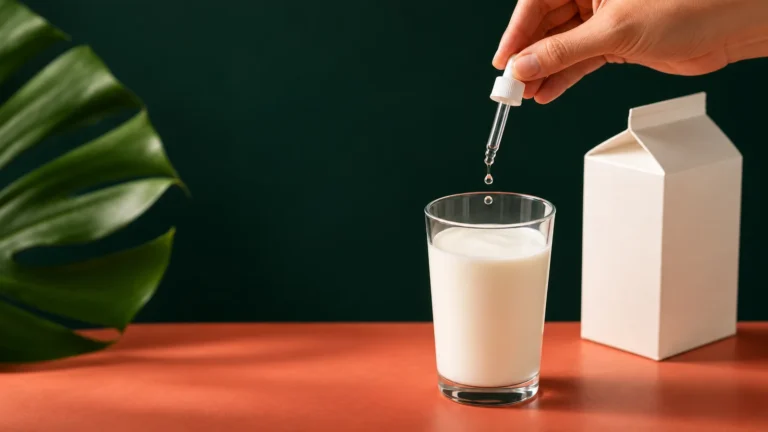 A hand holds a clear lactase dropper over a glass of milk next to a plain milk carton against a dark green background.