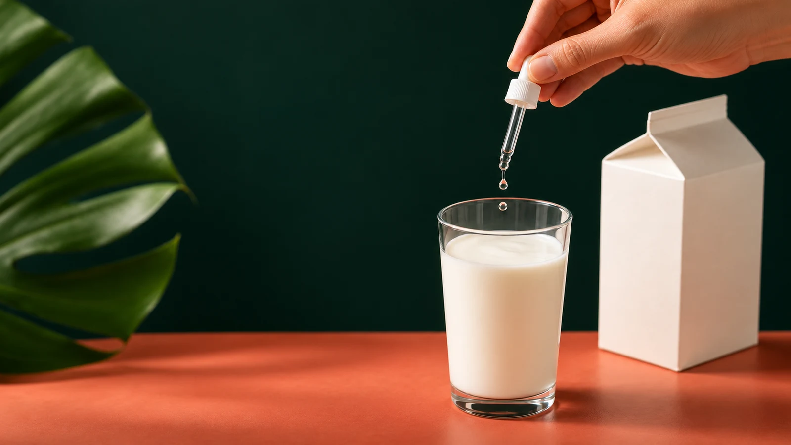 A hand holds a clear lactase dropper over a glass of milk next to a plain milk carton against a dark green background.