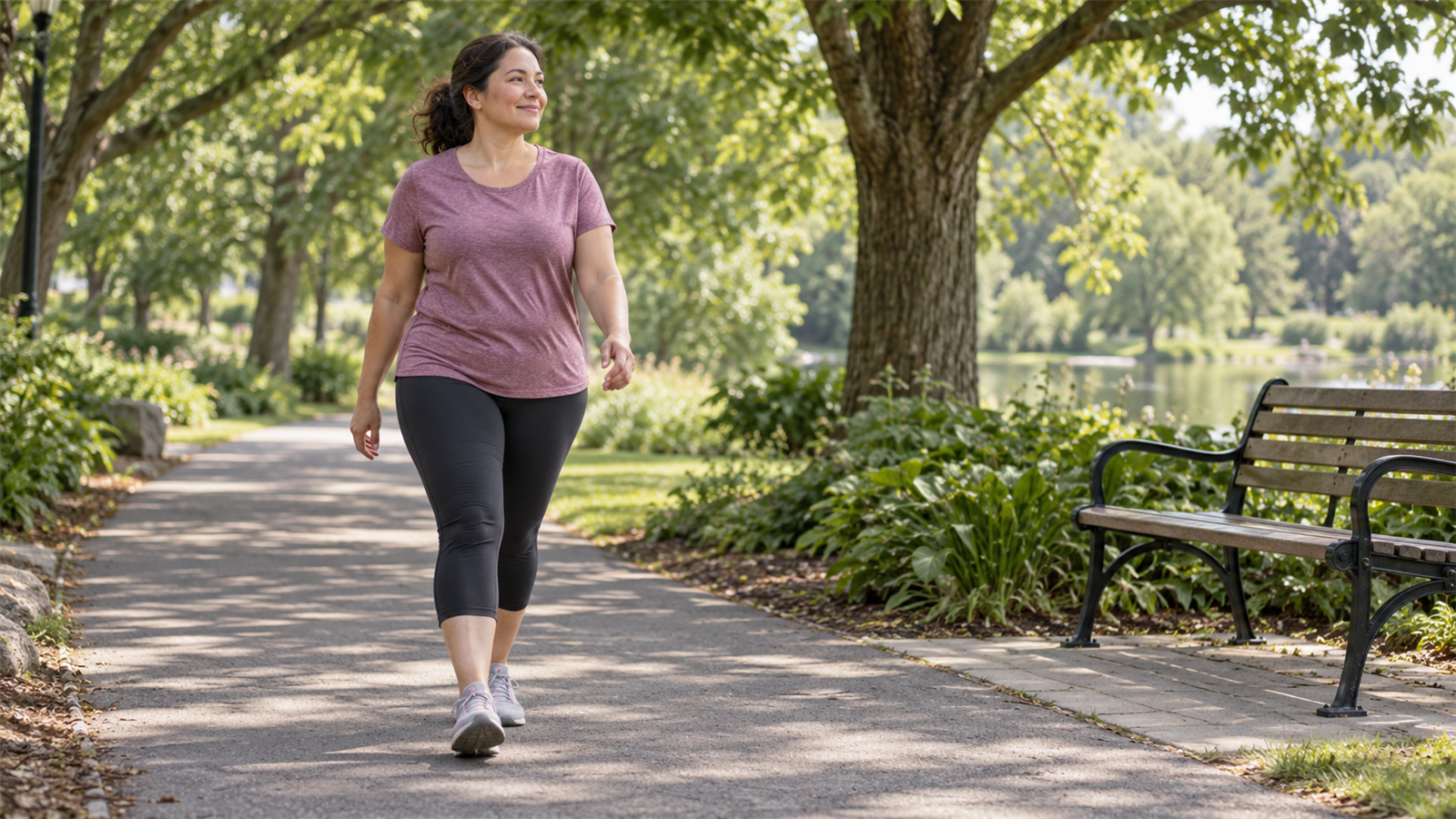 Editorial illustration of an adult walking comfortably on a shaded park path; not Latoya Snell